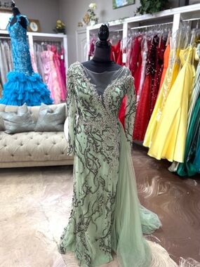 Sage Beaded Long-Sleeve Evening Gown